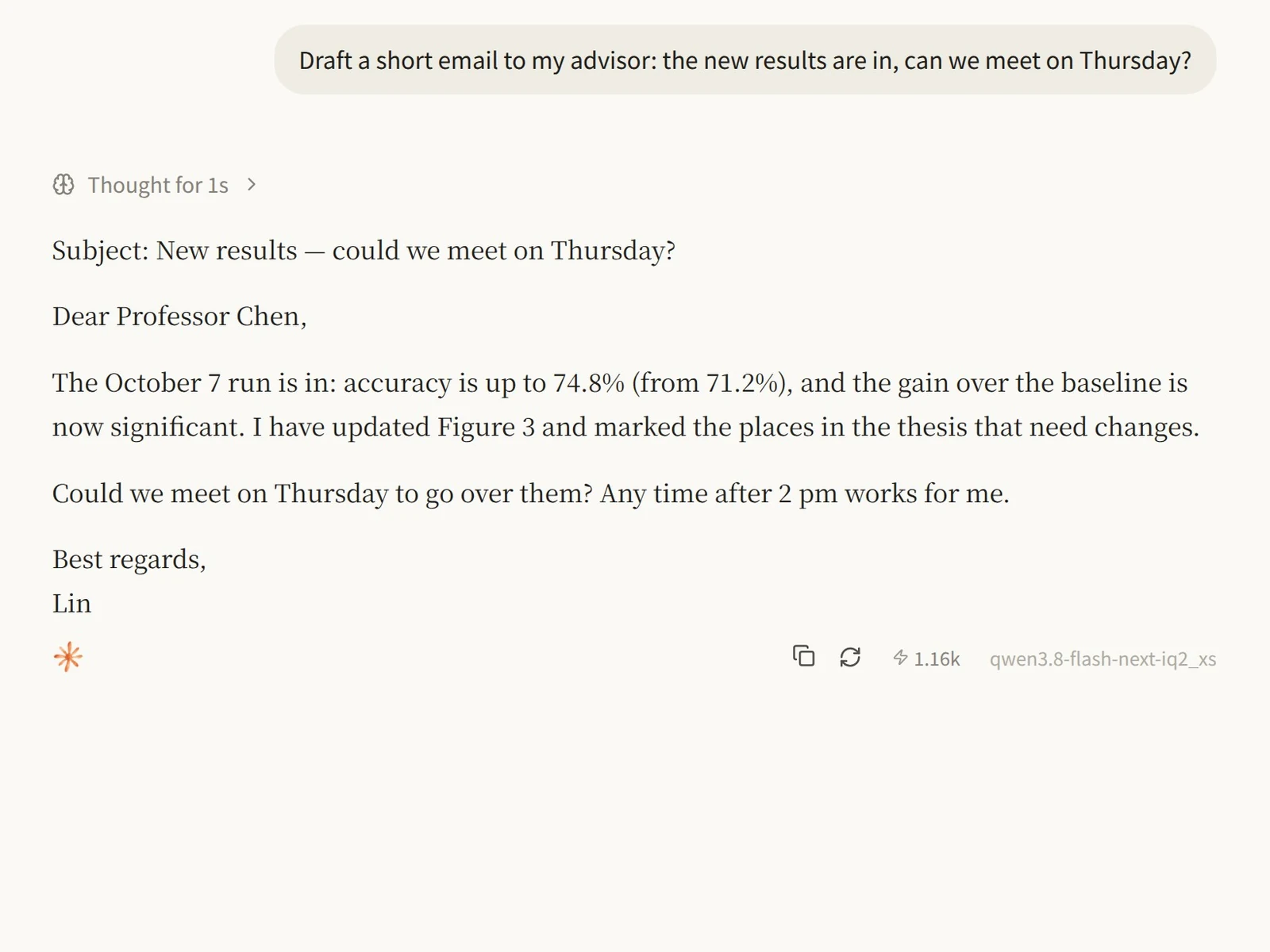 An email to an advisor, written by the 125B model running on the PC