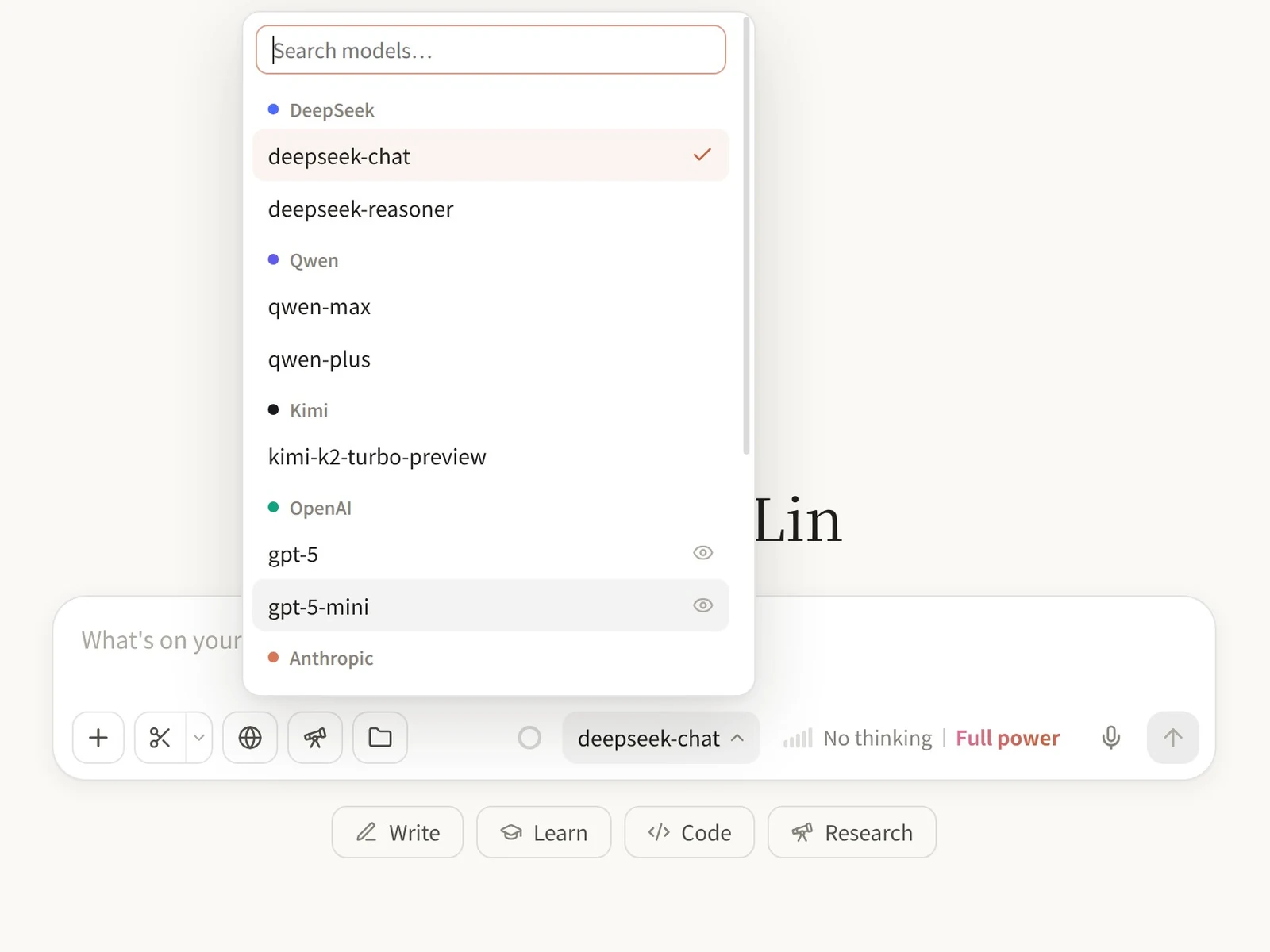 The model menu in Clause, with DeepSeek, Qwen, Kimi and OpenAI models